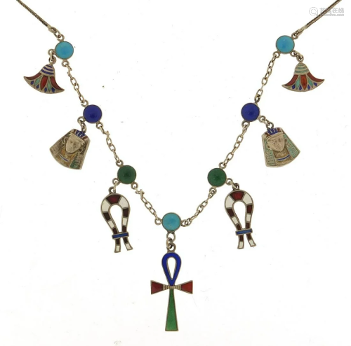 Egyptian Revival silver and enamel necklace, 36cm in