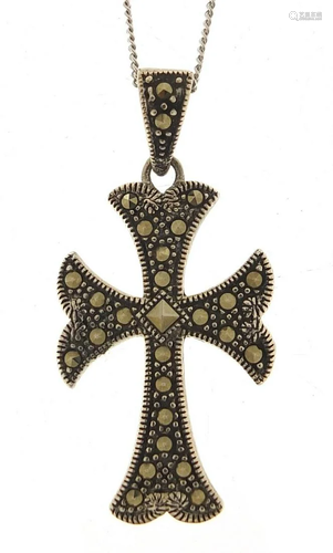 Silver marcasite cross pendant on a silver necklace,