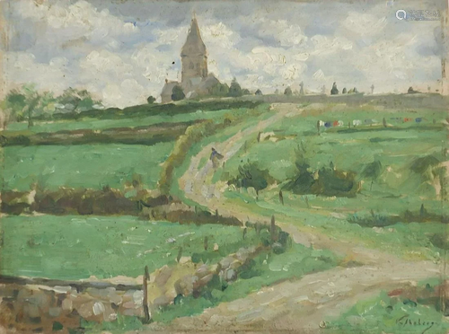 Church on a hilltop, oil on board, remnants of