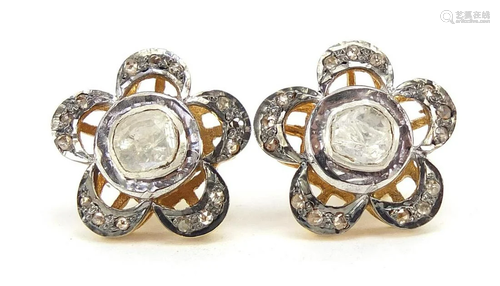 Pair of Indian silver gilt diamond flower head stud