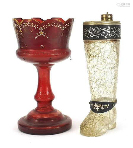 19th century cranberry glass lustre and a glass boot,