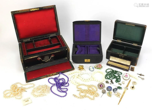 Four Victorian leather jewellery boxes and a selection