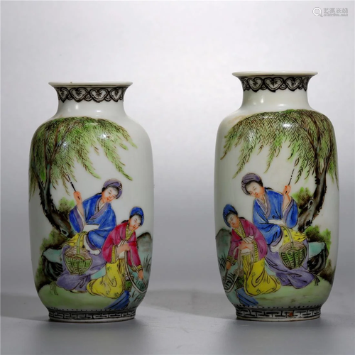 Old stock, a pair of famille-rose vases,painted