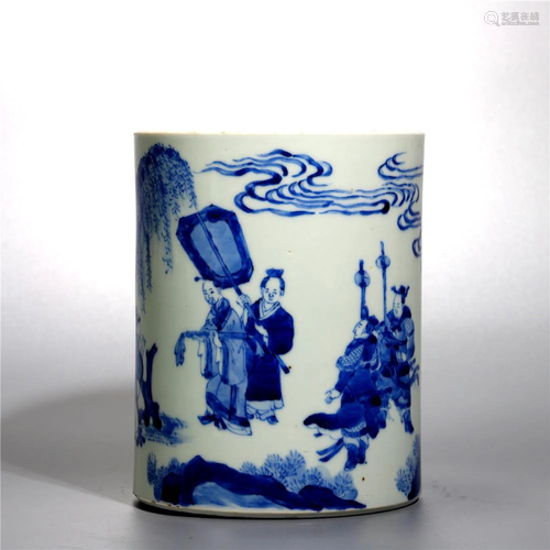 Old stock, blue and white brush pot,painted characters