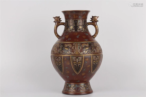 Qing Dynasty brown glazed copper gilt vase,with