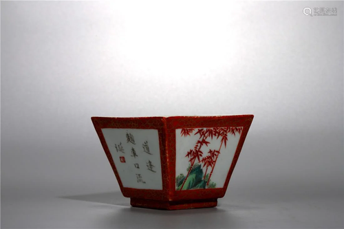 Qing Dynasty red glazed square cup.Dimension: 8.5x6.5