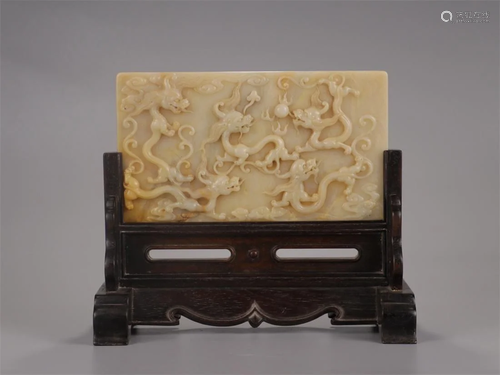 Old stock,hetian jade table screen,with poem and mark