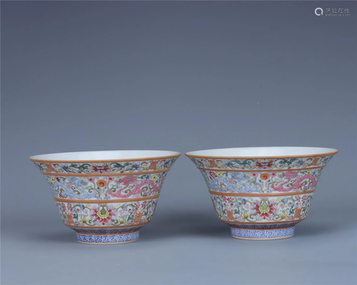 Old stock,a pair of famille-rose teacups,painted