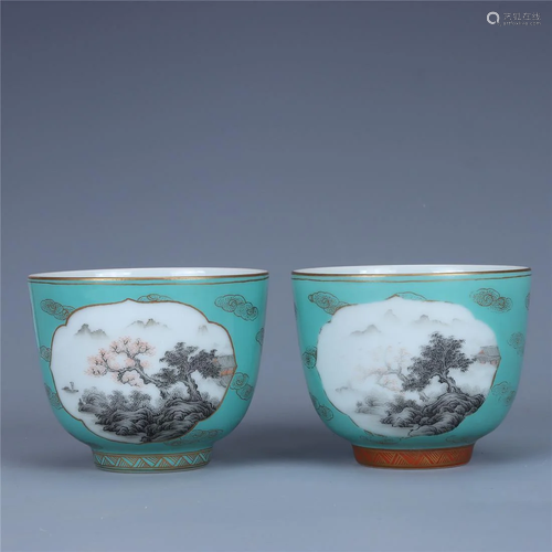 Old stock,a pair of blue ground Mocai teacups,painted