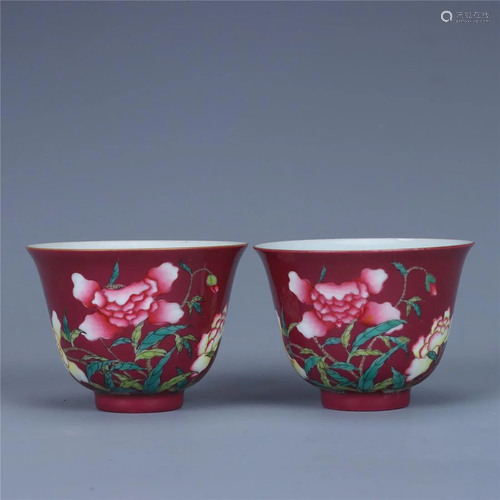 Old stock,a pair of carmine glazed teacups,painted