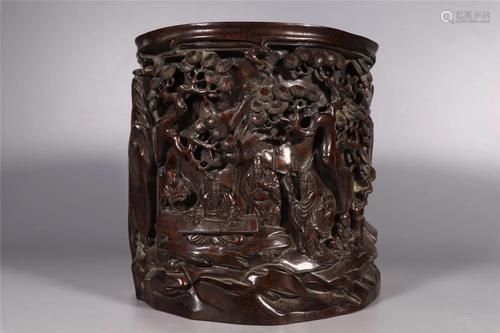 Qing Dynasty zitan wood brush pot,carved people with