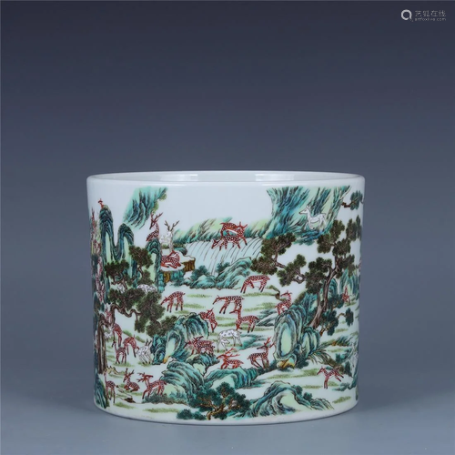 Old stock,famille-rose brush pot,painted deer with