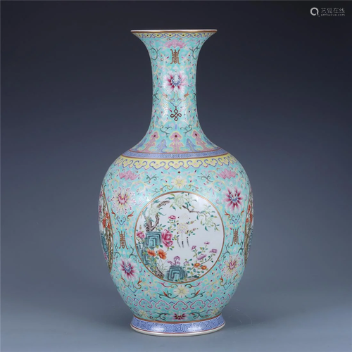 Old stock, Turquoise glazed vase,painted auspicious