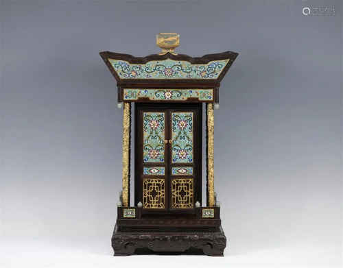 Late Qing Dynasty zitan wood enamel niche,with copper