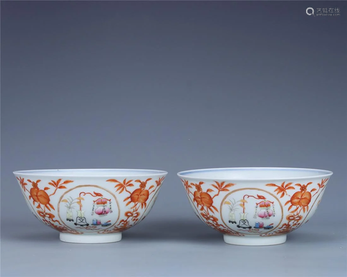 Old stock, a pair of fanhong bowls,with Daoguang