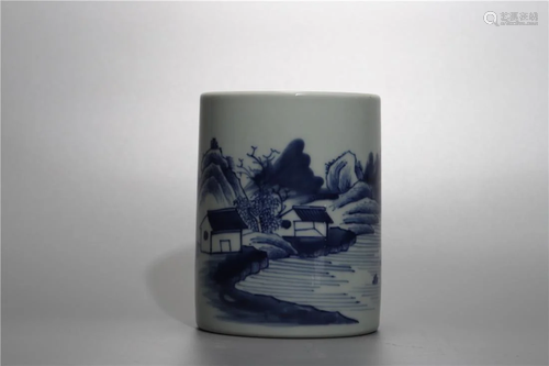 Qing Dynasty blue and white brush pot,painted