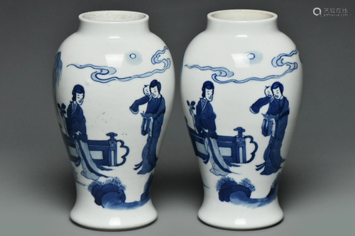 A PAIR OF BLUE AND WHITE FIGURE SUBJECT VASES