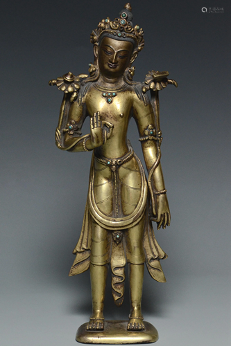 A MING DYNASTY GILT BRONZE AVALOKITESHVARA