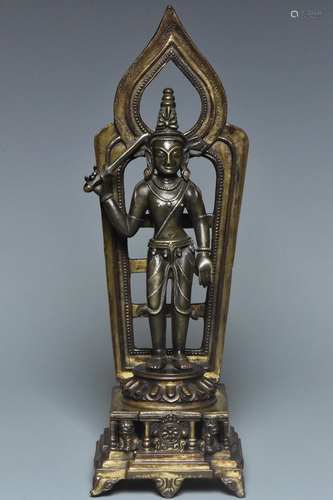 A YUAN DYNASTY SILVER-INLAID GILT BRONZE MANJUSHRI