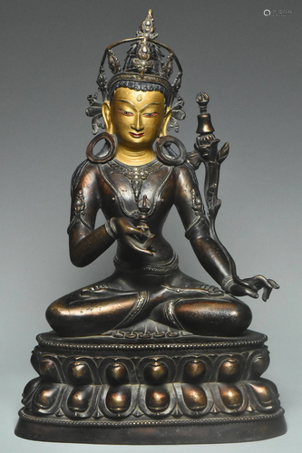 INSCRIBED YUAN DYNASTY SILVER-INLAID BRONZE TARA