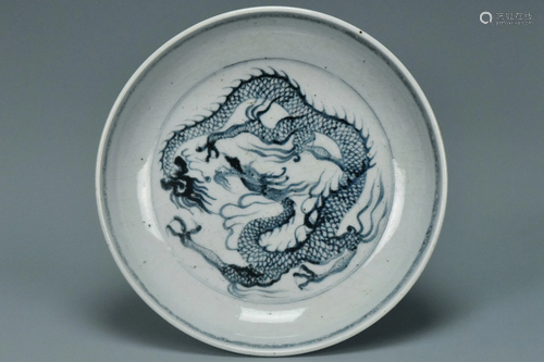 A LARGE BLUE AND WHITE DRAGON DISH