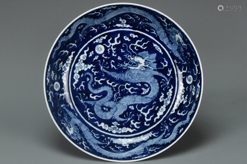 A LARGE DRAGON DISH QIANLONG MARK AND PERIOD