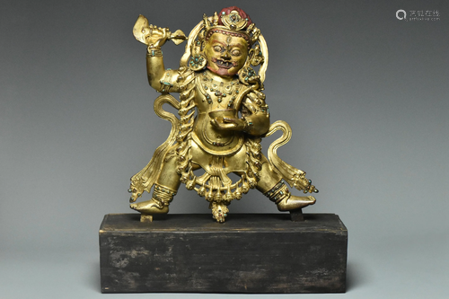 MING DYNASTY GILT BRONZE VAISHRAVANA AND STAND