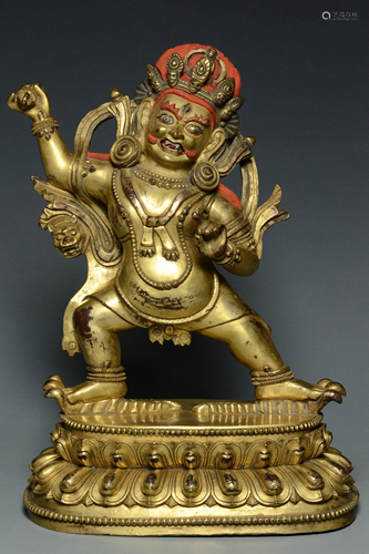 A QING DYNASTY GILT BRONZE FIGURE OF MAHAKALA