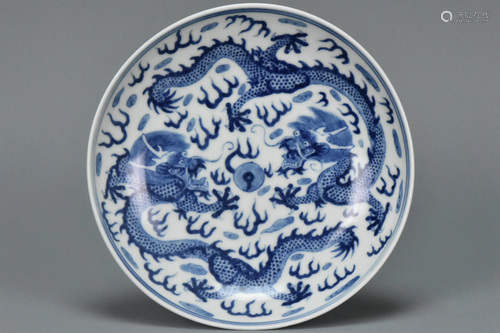 A BLUE AND WHITE DRAGON DISH QIANLONG MARK