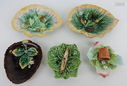 Majolica lot of 5 leaf trays, various