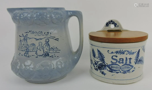 Blue & white stoneware pitcher and