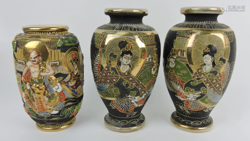 Oriental vase lot of 3, 7 1/2 to 9