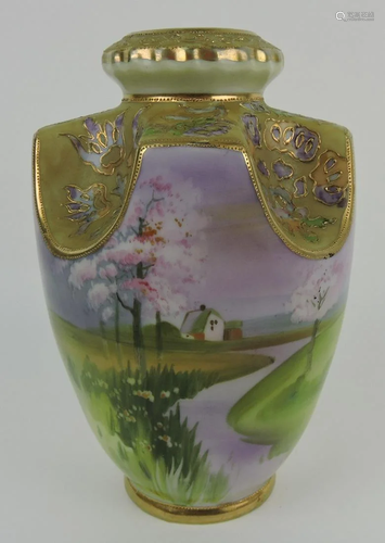 Nippon scenic vase with heavy gold, 9