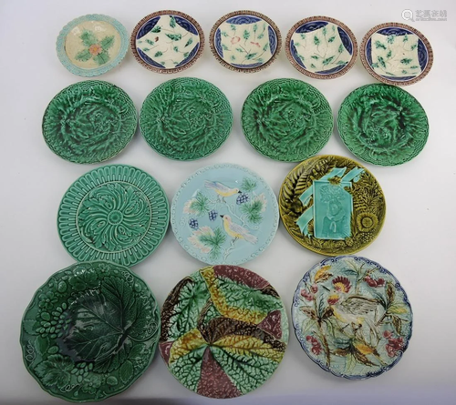 Majolica lot of 15 plates, various