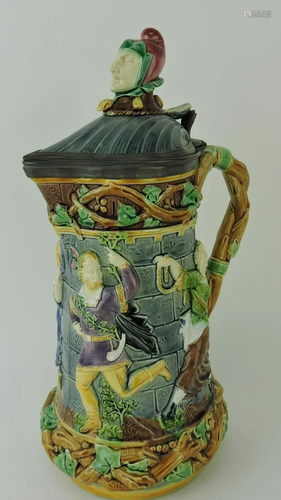 Minton majolica tower jug with jester