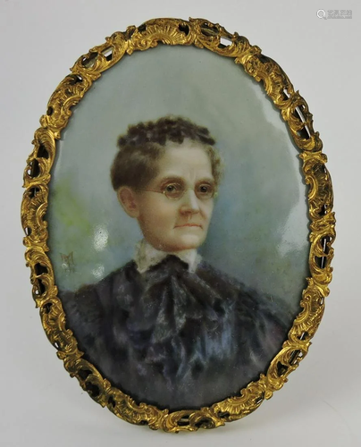 Oval porcelain plaque, portrait of old lady,