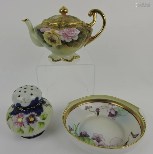 Nippon teapot, muffineer, and bowl