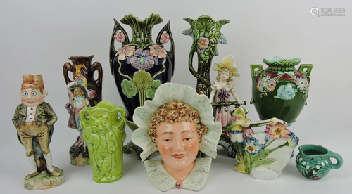 Majolica lot of 9 assorted pieces,