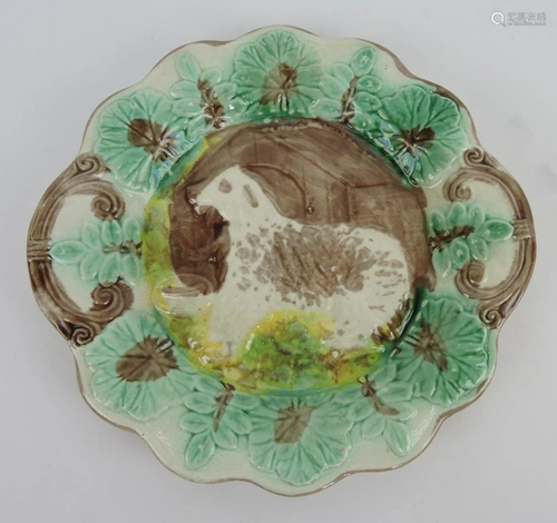 Majolica dog and doghouse platter, 11