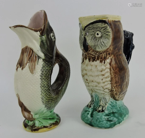 Majolica gurgling fish and figural owl