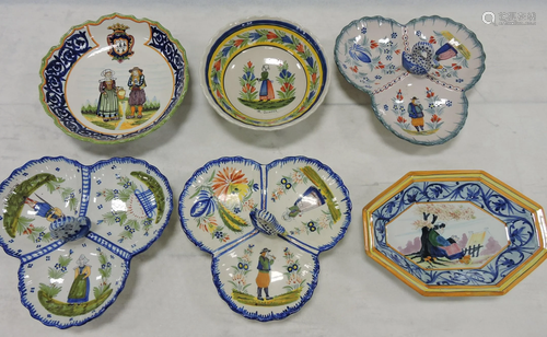 Quimper lot of 6 bowls & servers,