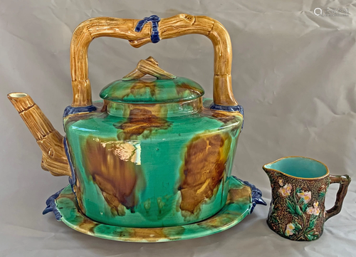 Monumental majolica wine kettle and