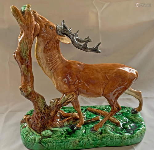 Majolica stag figure, well modeled as