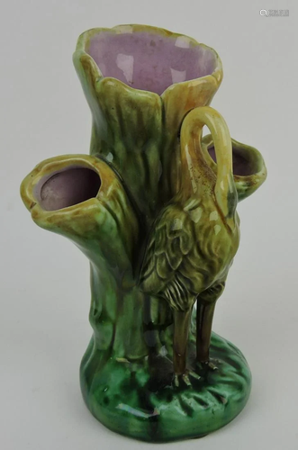 Majolica triple hole stork bud vase,