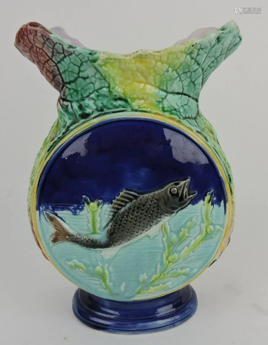 Majolica cobalt fish vase, 9 1/2