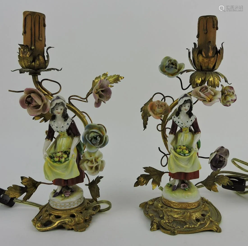 Pair of figural porcelain and brass 10 1/2