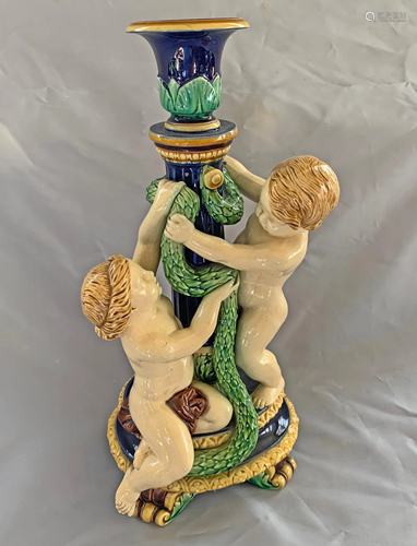 Minton majolica putti candlestick