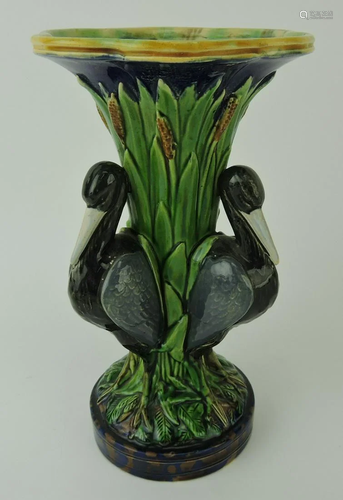 Minton rare majolica heron vase,