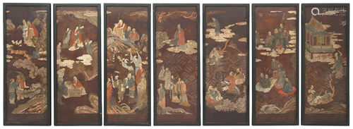 Group of Seven Asian Polychromed Wood Panels