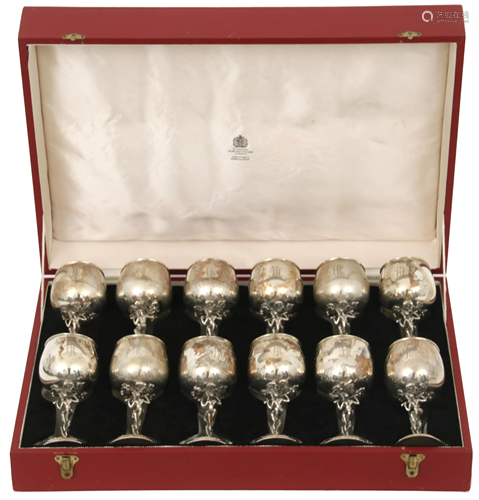 Set of Twelve Silver Goblets with Case